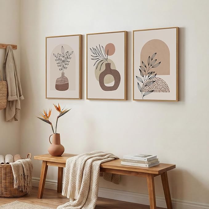 Framed Neutral Boho Wall Art Bedroom, 3 Piece Abstract Bohemian Brown Botanical