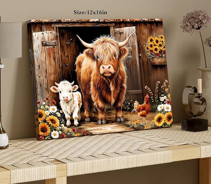 ZOIYINO Farmhouse Highland Cow Wall Art Rustic Country Sunflower Cow Pictures Wall Decor,Farm Animal Cattle Sunflower Prints Painting Modern Artwork Bedroom Living Room Home Decorations 12"X16"