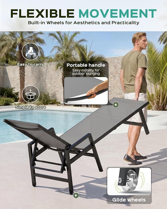 Patio Chaise Lounge Chair Outdoor with Wheels&Armrests, Aluminum Pool Lounge Chairs Five-Position Adjustable Recliner with Side Table, Outdoor Beach Lounge Chairs for Outside, Deck, Yard, Dark Gray