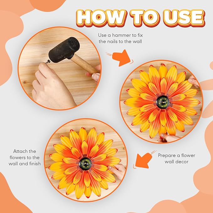 Zhehao 6 Pcs Metal Flower Wall Art Decor 12 Inch Sunflower Wall Decorations Hanging Outdoor Art Multicolored Handmade Metal Flowers Outdoor Decor(Elegant Color)