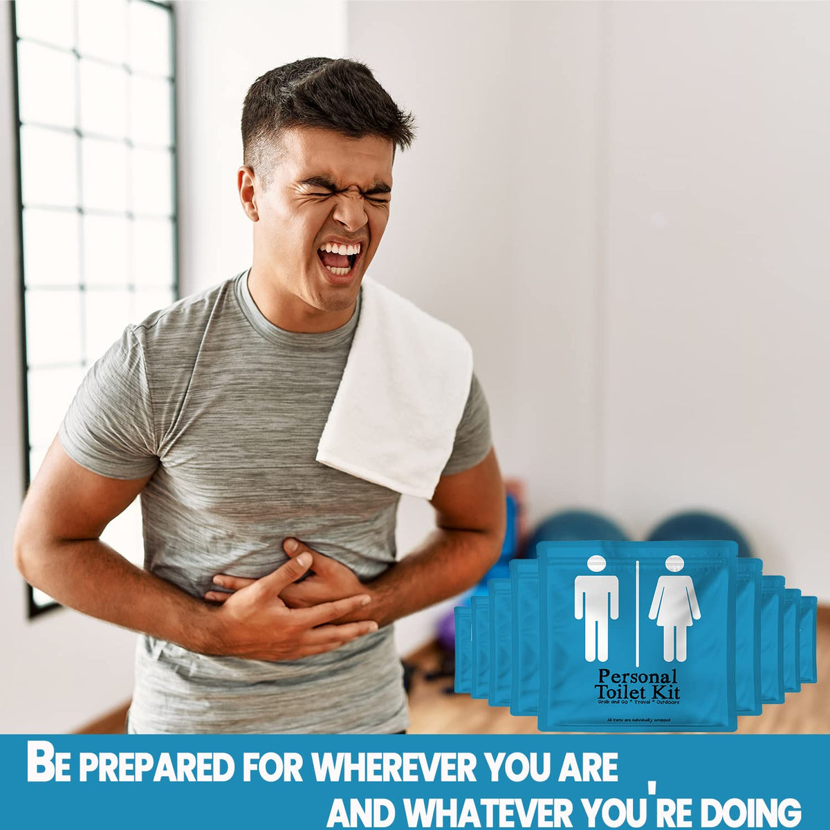 Personal Toilet Kit To Go – 10 Pack | Disposable Public Restroom Kit | Individually Wrapped for Toilet Protection Kit | Toilet Paper, Toilet Seat Cover, Butt Wipes, Cleansing Wipes (Light Blue)