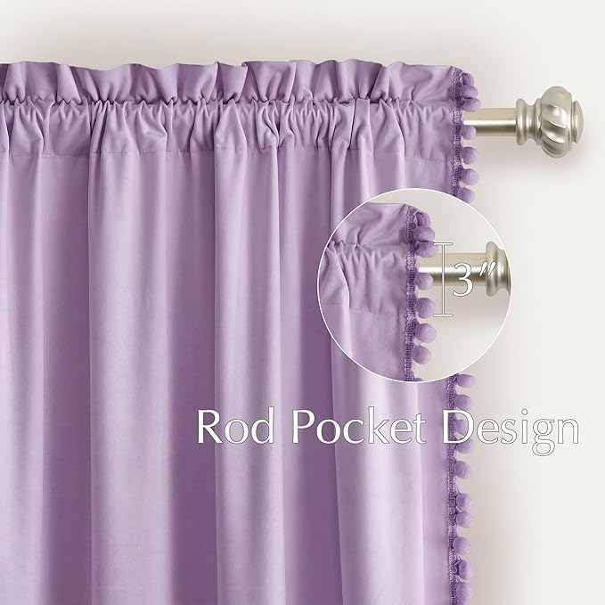 NICETOWN Lilac Purple Pom Pom Velvet Curtains 84 Inch Length