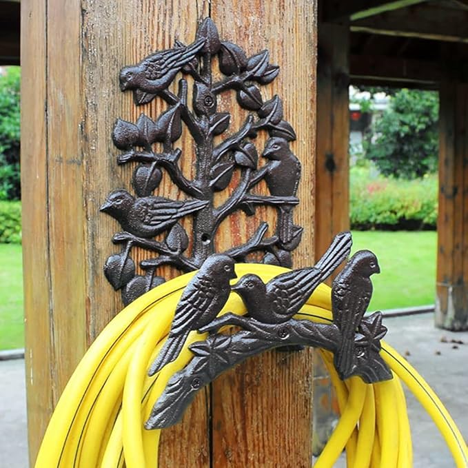 Garden Hose Holder Cast Iron Heavy Duty Water Hose Hanger, Outside Wall Mount, Solid Metal Decorative Rack/Organizer/Stand, Easy to Install, Hold Up to 50/75/100 ft (Hose holder - Hummingbird)