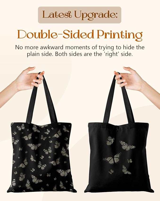 Miss Adola Canvas Tote Bag for Women – Aesthetic Canvas Bag with Zipper Cute Stylish Reusable Shoulder Totes for Shopping Work Daily Vacation, Black Butterfly