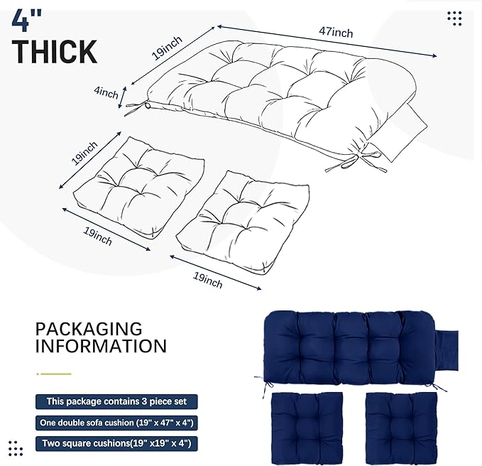 3 Pcs Wicker Chair Cushions Patio Loveseat Chaise Cushion Set - 1200D 47x19*4 Inch Waterproof Wicker Bench Cushions with 2 19x19x4 Inch Chair Cushions for Garden Porch Wicker Patio Furniture(Navy)