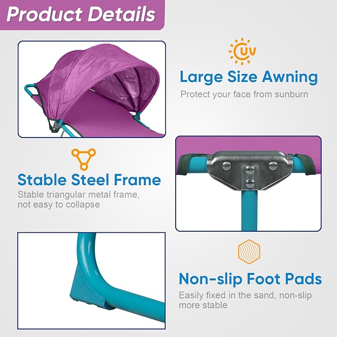 Northroad 2 Pack Beach Lounge Chair with Canopy Shade, Adjustable 4 Position Foldable Tanning Chair, Outdoor Heavy Duty Chaise Lounge Chair, for Poolside Patio Sunbathing Lawn, UPF 50+, Purple