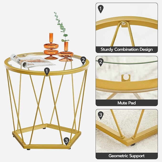 HOOBRO Small Coffee Table Set of 2, Round Coffee End Table with Metal Frame, Glass Tabletop, Gold Side Table for Living Room, Bedroom and Balcony, Modern Style, Gold GD79BZ01