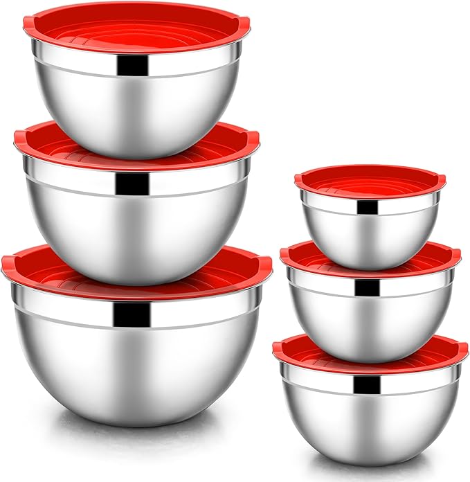 E-far Mixing Bowls with Lids, 12-Piece Stainless Steel Salad Bowls Metal Nesting Bowls for Baking Cooking and Prepping, Airtight Lids & Stackable Design, Size 7, 4.5, 3, 1.5, 1.2, 0.7 QT (Red)