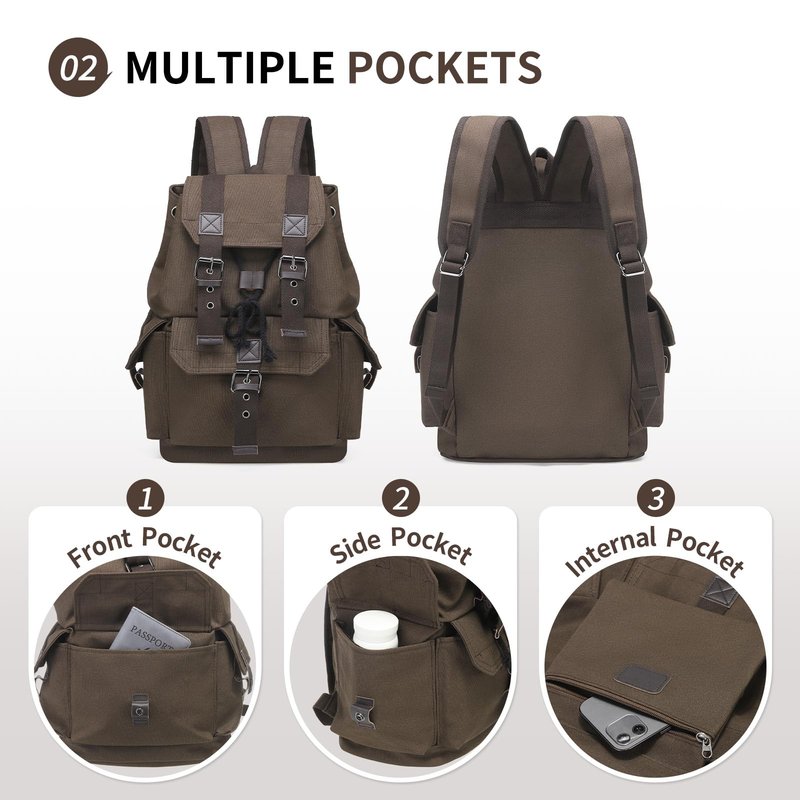 SUIKIHUM Vintage Canvas Backpack for Men Women, Durable Casual Daypack, Large Capacity Travel Rucksack Fits for Hiking and Daily Use (Coffee)