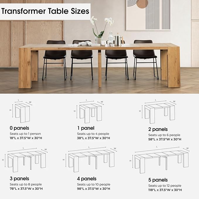 Transformer Table - Solid Wood Extendable Dining Table, Seats 2-12, Expandable Dining Room Table, Space-Saving Furniture, Expandable Dining Furniture, Natural (Table Only)