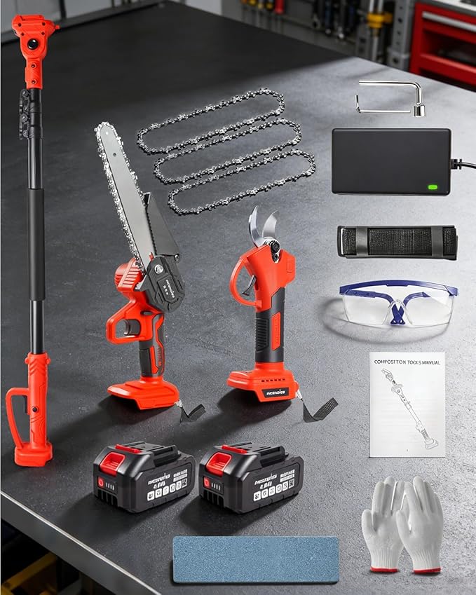 4-in-1 Cordless Pole Saw & Pruning Shears Combo Kit, 21V Electric Tree Trimmer with 180° Rotating Head, 16ft Max Reach, 8" Chainsaw & 2 x 4.0Ah Battery Powered Brushless Tree Pruner