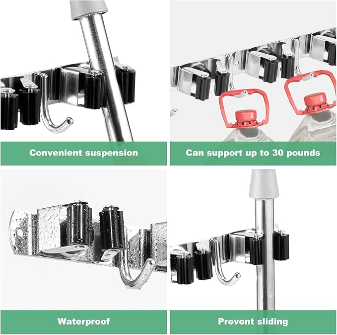 2Pcs 5 Racks 4 Hooks Stainless Steel Broom Mop Holder Anti Slip Wall Mount Broom Storage Rack Strong Load Bearing Waterproof Mop Broom Organizer for Bathroom Kitchen Garage