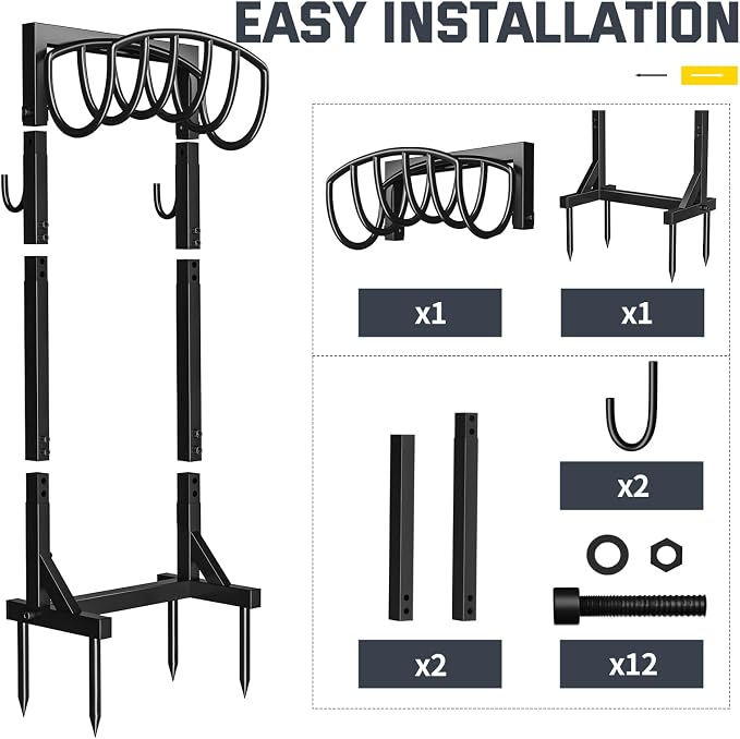 Kesfitt Garden Hose Holder Stand with 4 Spikes & 2 Tool Hooks, Detachable Heavy Duty Metal Freestanding Hose Reel Outdoor Organizer for Lawn Yard Water Storage Rack
