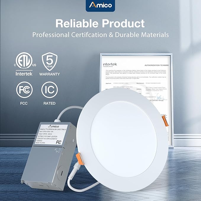 Amico 4 Pack 6 Inch 5CCT Ultra-Thin LED Recessed Ceiling Light with Junction Box, 2700K/3000K/3500K/4000K/5000K Selectable, 1050 Lumens, Dimmable Canless Wafer Downlight, 12W Eqv 110W-ETL&FCC