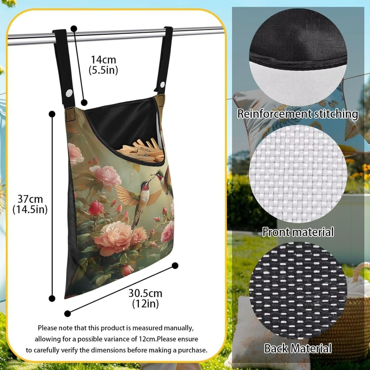Clothespin Bag, Laundry Hanging Bag Fits Clothes Lines for Hanging Clothes Outside Balcony Bathroom Corridor Yard - Hummingbird Pattern