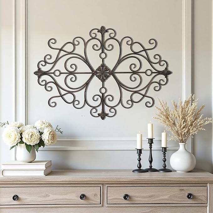 Sintosin Vintage Scroll Wrought Iron Wall Decor 36" x 24", Hanging Distressed Finish Traditional Large Metal Art Wall Decor for Living Room Bedroom Fireplace, Antique Outdoor Metal Home Decor