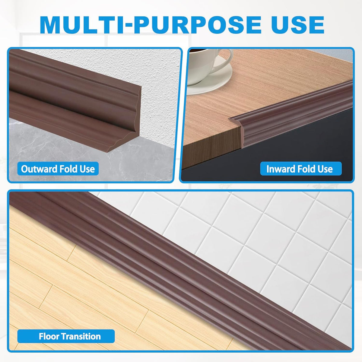 Wall Corner Protector Peel and Stick Corner Trim Molding Flexible Inside & Outside Wall Edge Guard Self Adhesive Moulding Trim for Edge Use, Brown, 1.6” W x 20’ L