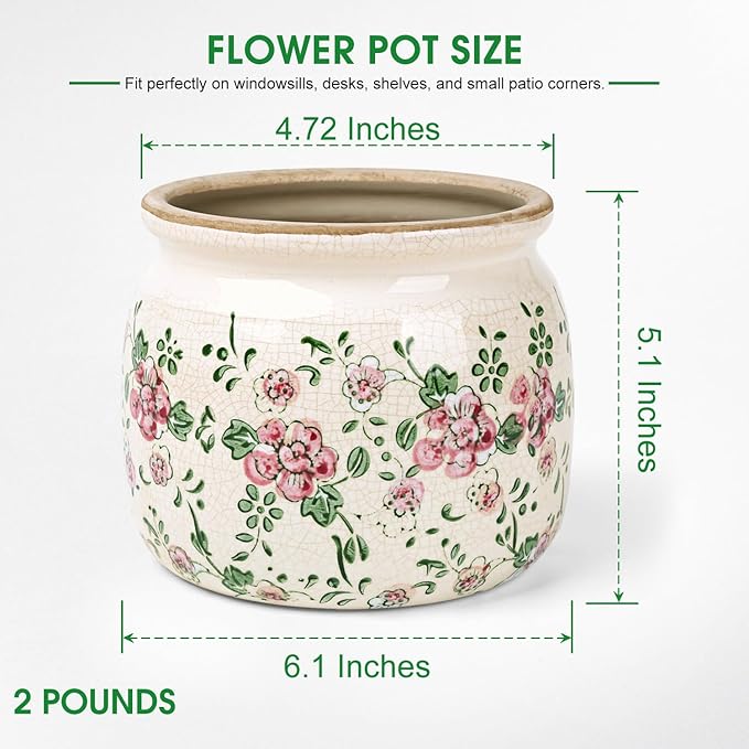 Flower Pots Planters for Indoor Plants Ceramic Plant Pots with Drainage 6.1 Inch Vintage Ceramic Pots for Plants Outdoor Home Garden Decor, Rustic Pink Camellia