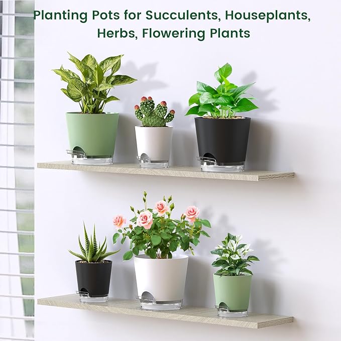 Meowell 6 inch Self Watering Pots for Indoor Outdoor Plants, 3 Pack Flower Plant Pots with Drainage Holes and Clear Reservoirs, Visible Water Level, Plastic Planters with Wicking Rope, Black
