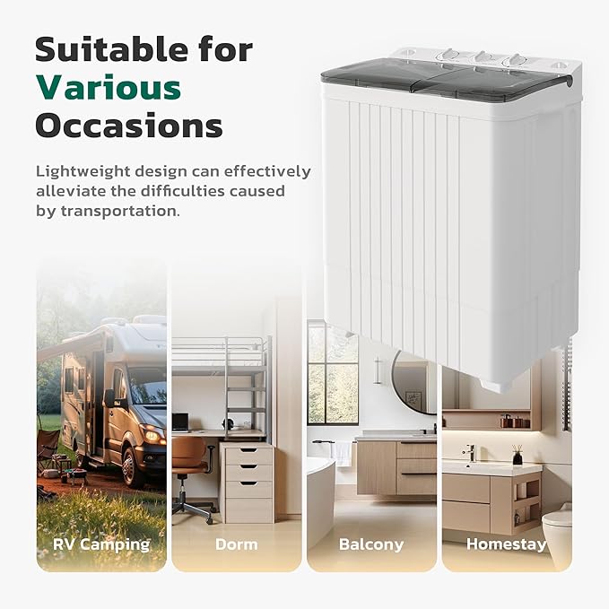 Greenvelly Portable Washing Machine, 28 Lbs Capacity Twin Tub Washing Machine, 18lbs Washer and 10lbs Spinner Combo, Compact Laundry Washer for Apartment,Camping, RVs and Dorms, Grey+White
