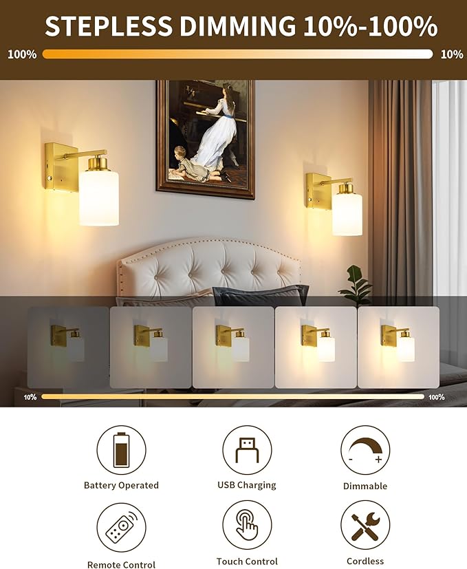 Rayogale Battery Operated Wall Sconce Set of 2, Easy Install Dimmable Cordless