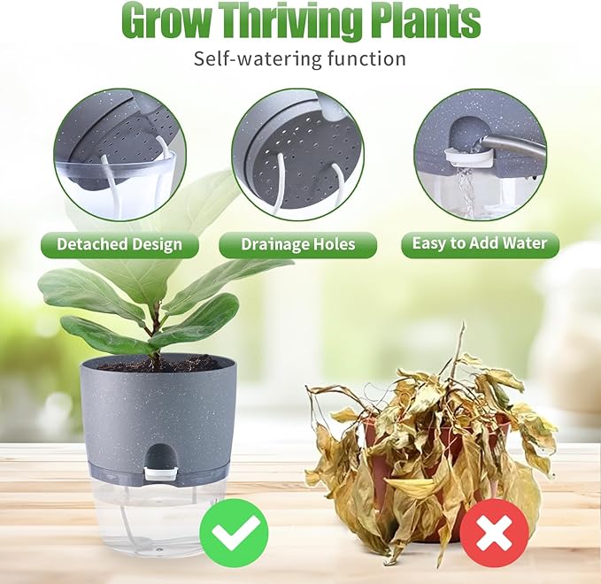 Oliz 6 Inch Self Watering Pots for Indoor Plants, 6 Pack Grey Plastic Flower Pots with Drainage Holes for African Voilet Herbs All House Plants (Include 1 Spray Bottle)