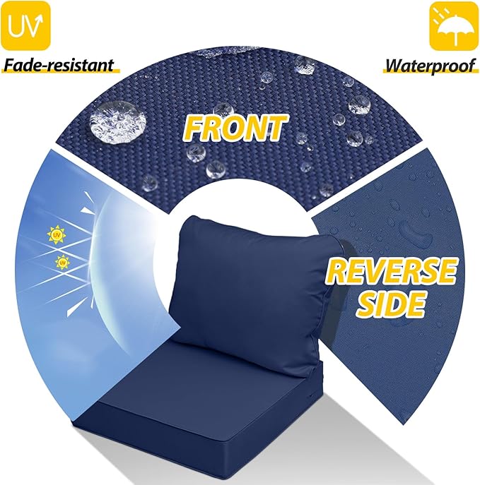 AAAAAcessories Outdoor Seat Cushions for Chairs, Fade-Resistant, Waterproof Patio Furniture Replacement Cushions, 25.5" x 25.5" x 5" + 25.5" x 19", Navy Blue