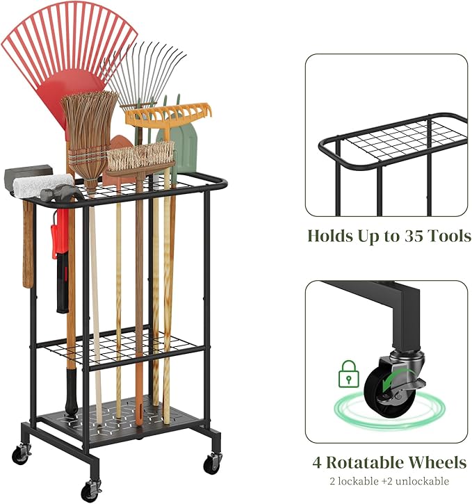 Garden Tool Organizer with Wheels, Yard Tool Rack Heavy Duty Steel Tool Organizer and Storage Holder Broom Holder for Garage, Shed, Patio, Indoor/Outdoor