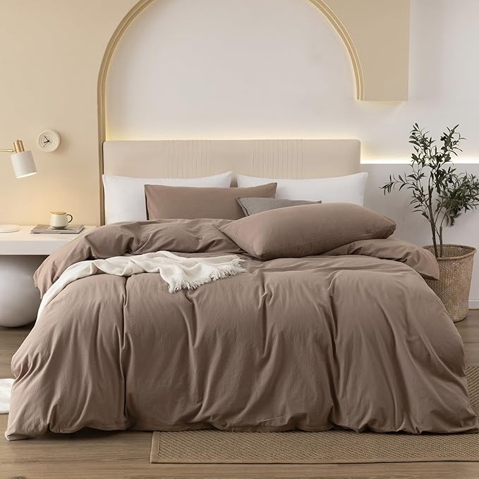 JIYUAN 100% Washed Cotton Duvet Cover Set 3 Pieces Oversized King, 1 Duvet Cover 120x98 Inches(Comforter Not Included) and 2 Pillowcases,Linen Feel Bedding Set Comfy and Breathable,Light Brown