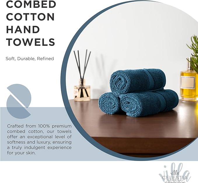 100% Cotton Hand Towel Set of 2, (16 x 28 inches) Sustainable, Soft, Highly Absorbent, Quick Drying, Combed Cotton Hand Towels Pack of 2 Ideal for Hotels, Spa, Bathroom, Dorm, Blue