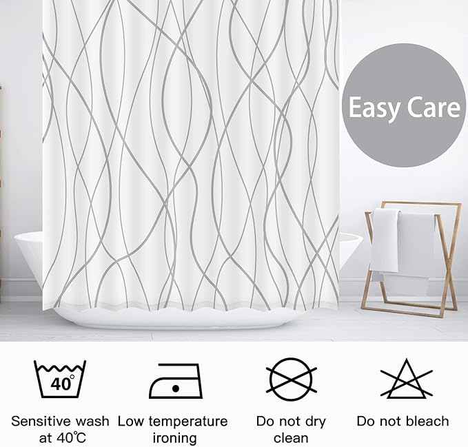 Punkray Grey and White Striped Polyester Shower Curtain for Bathroom with Hooks, Curtains 72 Inches Long, Weighted Hem, Waterproof Bath Accessories Hotel Style - Machine Washable