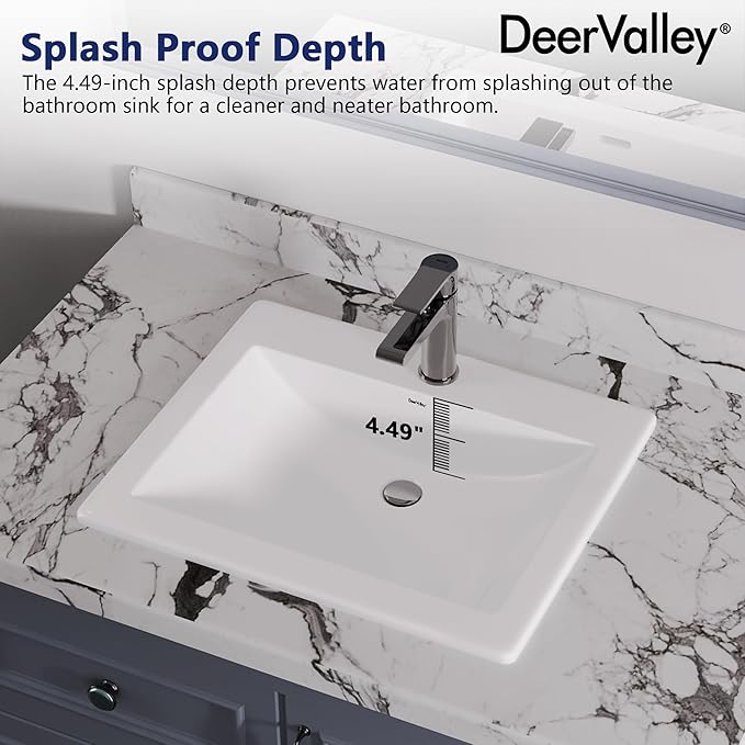 DeerValley 21"x18" Drop-In Bathroom Sink Ceramic Rectangle Vessel Sink with Overflow Vanity Bathroom Vessel Sink Bowl