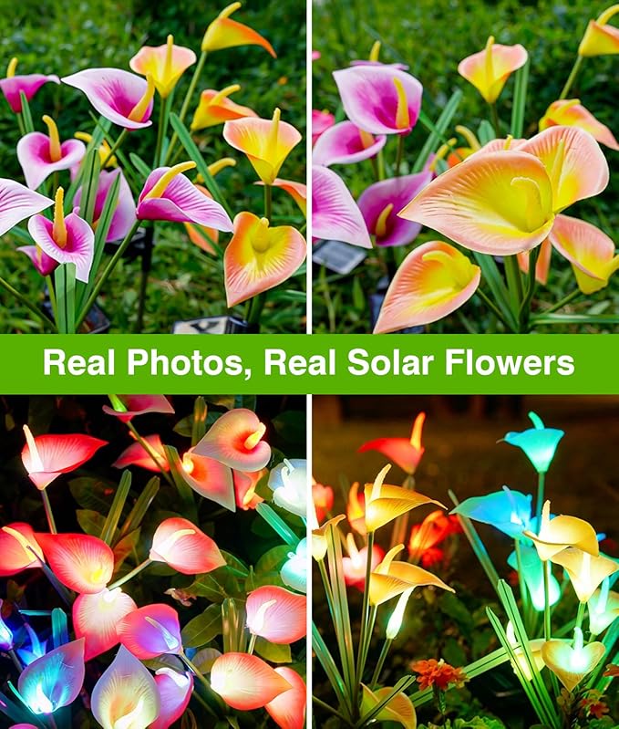 KOOPER Solar Lights Outdoor Decorative, 4 Pack Color Changing Solar Garden Lights With 20 Calla Lily Flower Lights, Solar Flowers Outdoor Waterproof IP65 For Yard Lawn Garden Decor, Gift For Women Mom