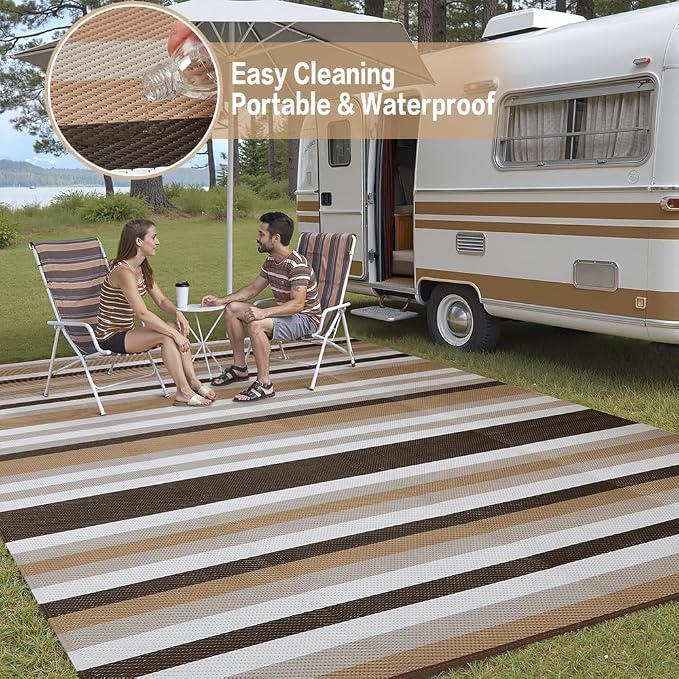 HUGEAR Outdoor Waterproof Rug 9'x12' Plastic Straw Rugs Washable Reversible Floor Mat Brown Stripe Carpet for Camping RV Deck Entryance Porch Picnic Balcony Beach Backyard