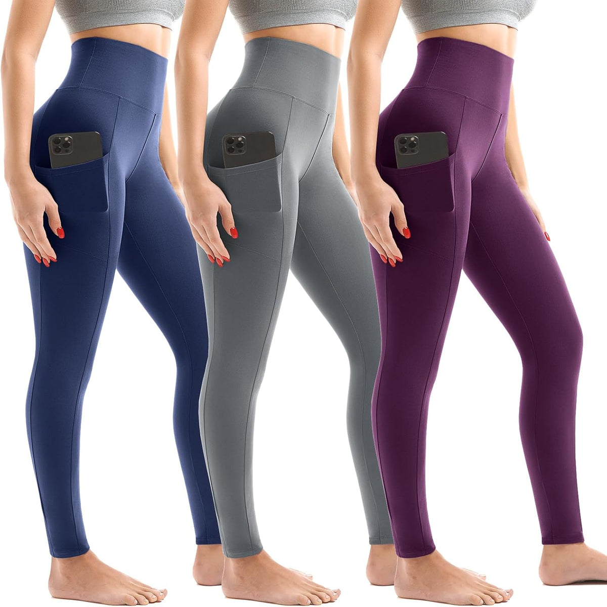 Skiennix High Waist Leggings for Women - 3 Pack with Convenient Pockets | Comfortable Fit