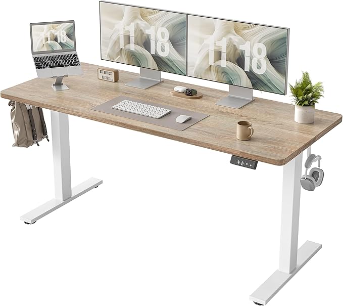 TIQLAB Standing Desk 63 x 24 inch, Electric Height Adjustable Desk with Splice Board, Sit Stand Desk Computer Table for Home Office, White Frame/Maple Top