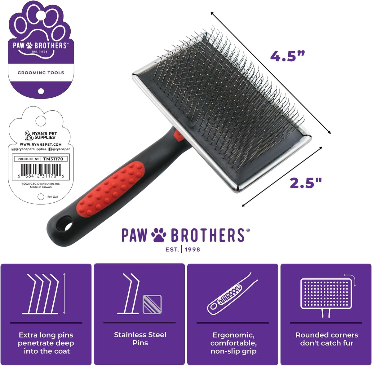Paw Brothers Extra Long Slicker Brush - Ergonomic Handle for Removing Loose Undercoat & Tangles