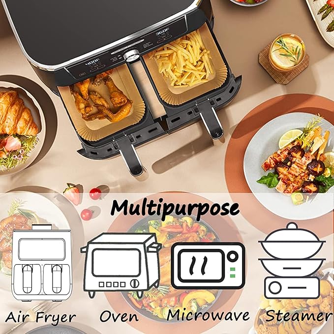 Air Fryer Paper Liners for Dual Zone Airfryer, 200pcs 8.1x5.5 inch Rectangle Disposable Inserts for Ninja Foodi DZ201 DZ401 DZ550 other 8-10 qt 2-Basket Air Fryers, Food Grade BPA Free