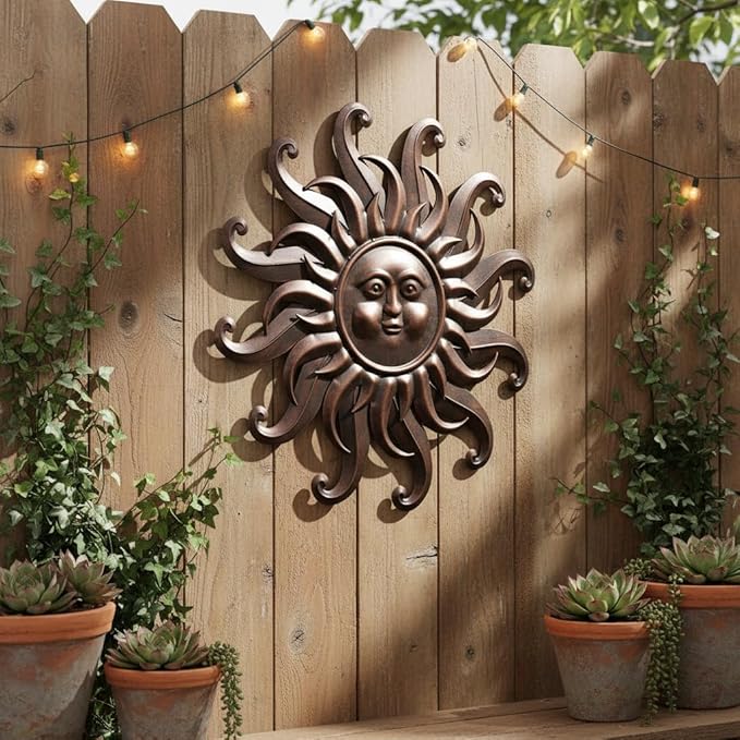 Comfy Hour 25" Bronze Metal Sun Face Wall Art, Antique Vintage Celestial Figurine Style Home Decor, Large Outdoor Garden Sculpture, Patio 3D Decor, Farmhouse Rustic,