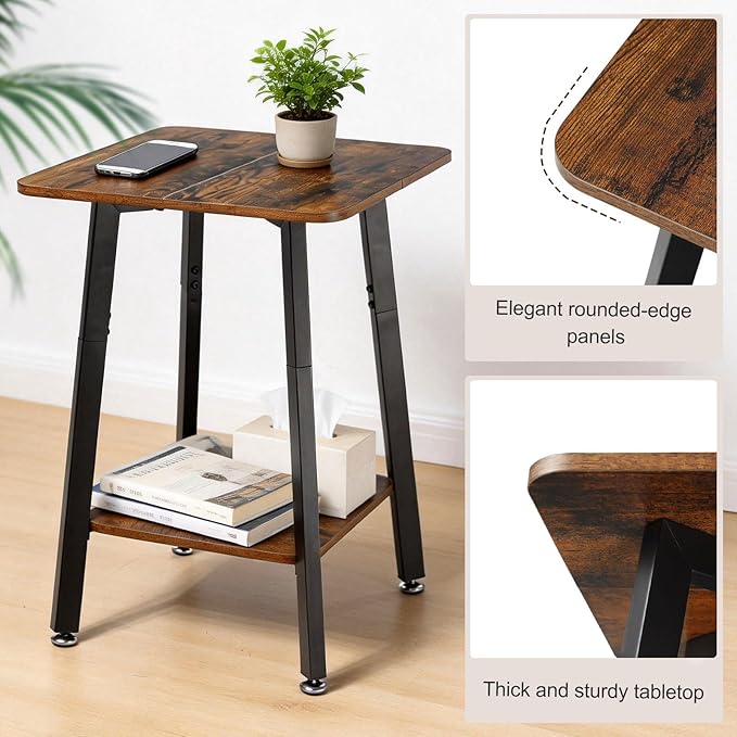 King Oasis Set of 2 2-Tier End Tables, Wooden Side Tables with Storage Shelves, Sturdy Couch Sofa Side Tables for Living Room Bedroom,Brown