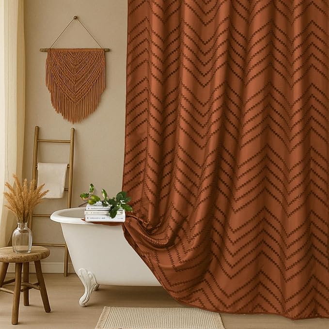 Orange Shower Curtain 72 x 72 Vintage Farmhouse Textured Tufted Chevron Striped Minimalist Bathroom Shower Curtain