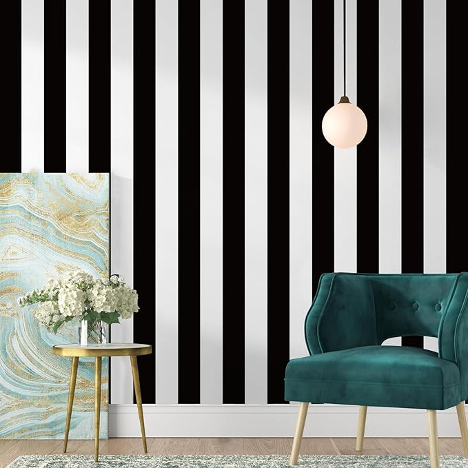 Jeweluck Black and White Wallpaper Peel and Stick Wall Paper 17.7”x118.1” Black