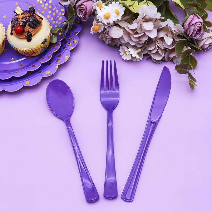 150 Pcs Purple Plastic Silverware Heavy Duty Purple Plastic Cutlery Sets Includes 50 Forks, 50 Spoons, 50 Knives Disposable for Birthday, Graduation Party, Dinner