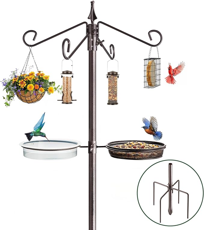 Bird Feeding Station Kit, 81 Inch, 4-Hook, Metal Birds Feeder Stand Pole with Bird Bath and Mesh Tray, Freestanding 5-Prong Base