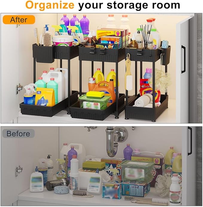 3 Pack Under Sink Organizers,2-Tier Multi-Use Kitchen and Bathroom Organizers and Storage with Sliding Drawers,Bathroom Cabinet Organizer (Black,12.8 Inch)