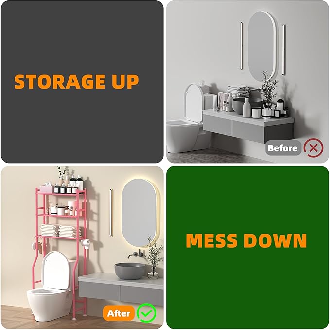 3-Tier Over Toilet Storage with Anti-Tilt Safety System - 150lb Total Capacity Metal Bathroom Shelves Including Paper Holder & 4 Hooks, Space Saving Above Commode Organizer (64" H, Pink)