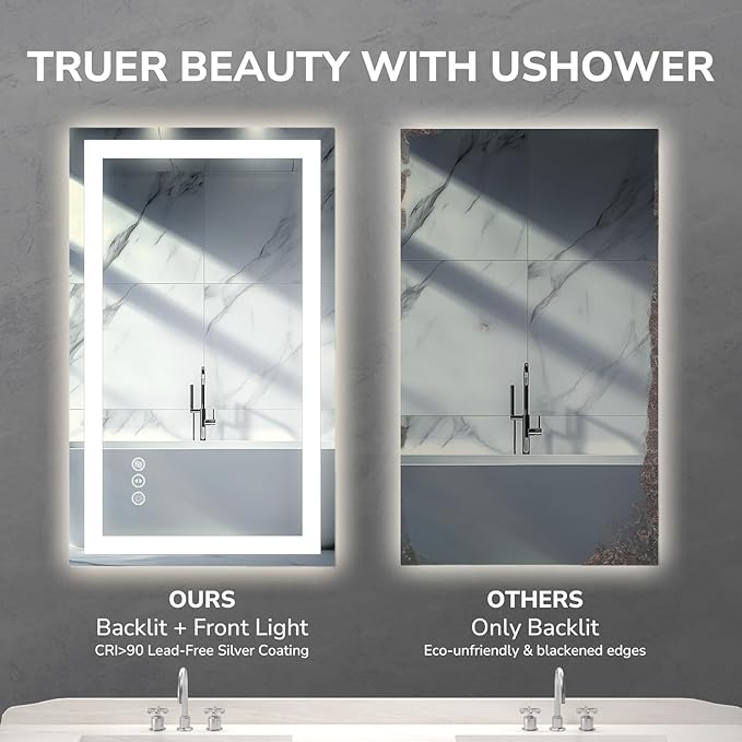 USHOWER LED Bathroom Mirror 55x30 Inch Tempered Glass