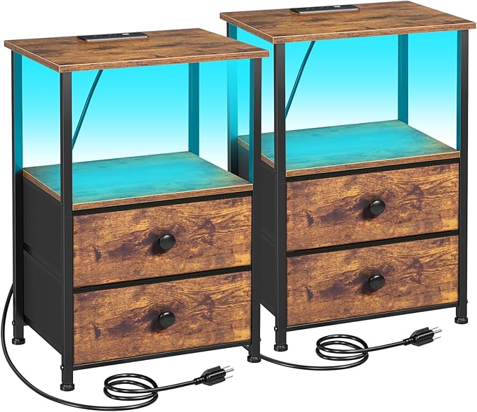 Night Stand Set 2, LED Nightstand with Charging Station, End Tables with Storage Shelf, Bedside Table with 2 Fabric Drawers for Bedroom, Small Spaces, Rustic Brown HETS02PBR