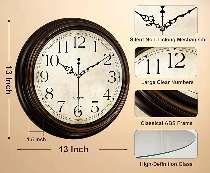 Vintage Wall Clock 13 Inch Quartz Silent Non-Ticking Analog Clock Battery