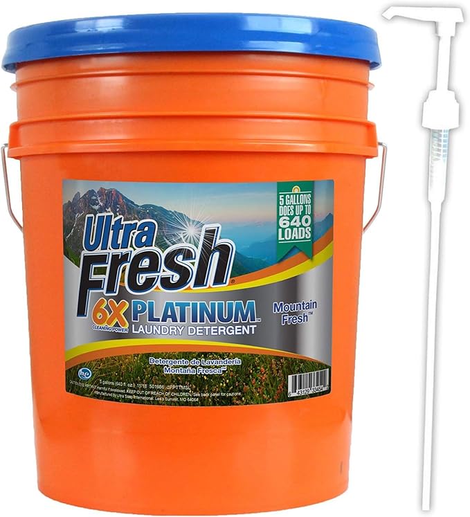 Ultra Fresh 6X Platinum 5 Gallon Laundry Detergent Liquid for All Machine Types with Easy Dispensing Pump, Up to 640 Loads, Mountain Fresh (4 Pack)